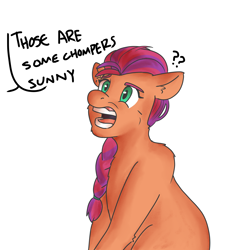 Size: 3000x3200 | Tagged: safe, artist:applejackofalltrades, sunny starscout, earth pony, pony, g5, confused, high res, open mouth, solo, teeth, text