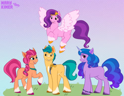 Size: 3000x2333 | Tagged: safe, artist:marykimer, hitch trailblazer, izzy moonbow, pipp petals, sunny starscout, earth pony, pegasus, pony, unicorn, g5, female, flat colors, full body, high res, male, mare, missing cutie mark, red eyes, red-eyed pipp, stallion