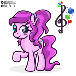 Size: 1092x1096 | Tagged: safe, artist:redpalette, oc, oc only, oc:violet ray, earth pony, pony, cutie mark, hair tie, signature, smiling, solo