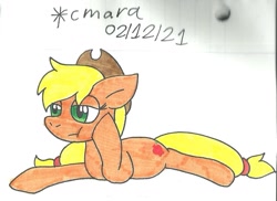 Size: 1014x739 | Tagged: safe, artist:cmara, applejack, earth pony, pony, g4, :t, applejack's hat, bored, cowboy hat, female, hat, lying down, mare, prone, raised hoof, simple background, solo, traditional art, white background