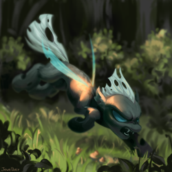 Size: 2000x2000 | Tagged: safe, artist:jewellier, changeling, fangs, forest, grass, high res, missing horn, quadrupedal, scenery, solo, tree
