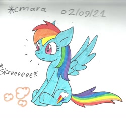 Size: 1048x987 | Tagged: safe, artist:cmara, rainbow dash, pegasus, pony, g4, female, mare, onomatopoeia, simple background, sitting, skidding, solo, sound effects, traditional art, white background