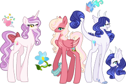 Size: 928x623 | Tagged: safe, artist:yukkimo, oc, oc only, oc:apple blossom, oc:fire gem, oc:sugar party, dracony, hybrid, pegasus, pony, unicorn, female, interspecies offspring, mare, offspring, parent:big macintosh, parent:fluttershy, parent:pinkie pie, parent:pokey pierce, parent:rarity, parent:spike, parents:fluttermac, parents:pokeypie, parents:sparity, simple background, transparent background