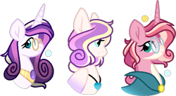 Size: 683x374 | Tagged: safe, artist:auroranovasentry, oc, oc only, oc:charm spell, oc:light heart, oc:lovely rose, pegasus, pony, unicorn, bust, female, glasses, magical lesbian spawn, mare, offspring, parent:fluttershy, parent:princess cadance, parent:shining armor, parents:flutterdance, parents:shiningcadance, parents:sundence, simple background, transparent background