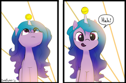 Size: 1287x842 | Tagged: safe, artist:davierocket, izzy moonbow, pony, unicorn, g5, my little pony: a new generation, spoiler:my little pony: a new generation, 2 panel comic, ball, comic, female, horn, horn guard, horn impalement, hornball, izzy's tennis ball, looking at you, looking up, mare, open mouth, simple background, smiling, solo, speech bubble, starry eyes, tennis ball, text, wingding eyes