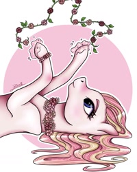Size: 1080x1352 | Tagged: safe, alternate version, artist:pony_riart, oc, oc only, nymph, pony, abstract background, bust, colored, eyelashes, floral necklace, glowing hooves, inktober 2020, lying down, on back