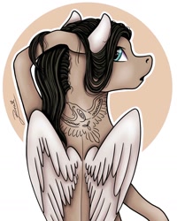Size: 1080x1351 | Tagged: safe, alternate version, artist:pony_riart, oc, oc only, pegasus, pony, abstract background, bust, colored, inktober 2020, looking back, pegasus oc, signature, tattoo, wings