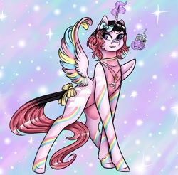 Size: 1080x1063 | Tagged: safe, artist:pony_riart, oc, oc only, alicorn, pony, abstract background, alicorn oc, bow, colored wings, glowing horn, hair bow, horn, jewelry, magic, male, multicolored wings, necklace, rainbow wings, solo, stallion, tail bow, telekinesis, wings