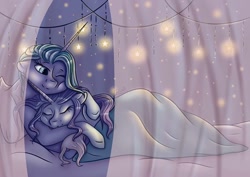 Size: 1080x764 | Tagged: safe, artist:pony_riart, oc, oc only, pony, unicorn, bed, eyes closed, horn, hug, indoors, one eye closed, sleeping, unicorn oc, wink