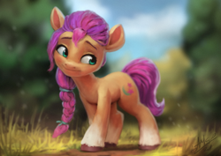 Size: 1200x850 | Tagged: safe, artist:assasinmonkey, sunny starscout, earth pony, pony, g5, blurry background, braid, coat markings, cutie mark, digital painting, female, grass, head tilt, looking sideways, mare, outdoors, smiling, socks (coat markings), solo, standing, unshorn fetlocks