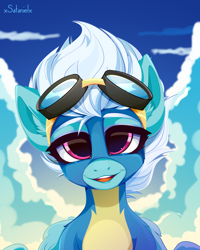 Size: 4000x5000 | Tagged: safe, artist:xsatanielx, fleetfoot, pegasus, pony, rcf community, g4, clothes, cloud, cute, diafleetes, female, goggles, looking at you, mare, open mouth, signature, sky, smiling, solo, teeth, uniform, wonderbolts uniform