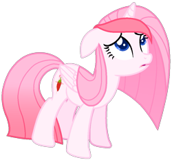 Size: 887x825 | Tagged: safe, artist:muhammad yunus, oc, oc only, oc:strawberries, alicorn, pony, g4, alicorn oc, female, floppy ears, gradient tail, horn, mare, not pinkamena, open mouth, pink body, pink hair, simple background, solo, tail, transparent background, vector, wings