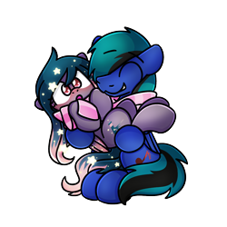 Size: 1240x1240 | Tagged: safe, artist:sugar morning, oc, oc only, oc:ender, oc:star universe, pegasus, pony, derpibooru community collaboration, blushing, carrying, clothes, couple, female, flustered, male, mare, romantic, scarf, simple background, smiling, socks, stallion, striped socks, surprised, transparent background