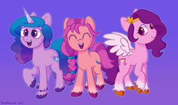 Size: 2154x1272 | Tagged: safe, artist:halfrobin, izzy moonbow, pipp petals, sunny starscout, earth pony, pegasus, pony, unicorn, g5, adorapipp, bracelet, braid, cute, eyes closed, female, izzybetes, jewelry, mare, open mouth, purple background, raised hoof, red eyes, red-eyed pipp, signature, simple background, smiling, sunnybetes, unshorn fetlocks, wings
