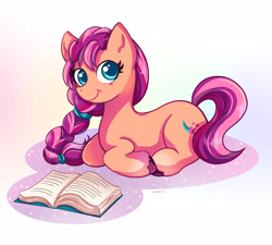 Size: 4500x4050 | Tagged: safe, artist:autumn rush, sunny starscout, earth pony, pony, g5, absurd resolution, book, braid, colored pupils, cute, female, looking at you, lying down, mare, ponyloaf, prone, solo, sunnybetes, unshorn fetlocks