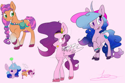 Size: 1280x854 | Tagged: safe, artist:jynsherlock, izzy moonbow, pipp petals, sunny starscout, earth pony, pegasus, pony, unicorn, g5, ball, deviantart watermark, dialogue, female, horn, horn guard, horn impalement, hornball, izzy's tennis ball, mare, obtrusive watermark, raised hoof, red eyes, red-eyed pipp, signature, simple background, skinny pipp, tennis ball, tongue out, watermark