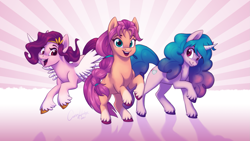 Size: 1763x992 | Tagged: safe, artist:bluefeathercat, izzy moonbow, pipp petals, sunny starscout, earth pony, pegasus, pony, unicorn, g5, braid, female, looking at you, mare, open mouth, raised hoof, red eyes, red-eyed pipp, signature, smiling, spread wings, trio, unshorn fetlocks, wings