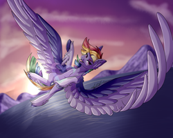 Size: 5000x4000 | Tagged: safe, artist:nova-decorum, rainbow dash, pegasus, pony, g4, female, flying, large wings, mare, ocean, solo, spread wings, sunrise, wings