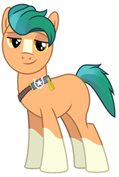 Size: 1024x1522 | Tagged: safe, artist:emeraldblast63, hitch trailblazer, earth pony, pony, g4, g5, coat markings, g5 to g4, lidded eyes, looking at you, male, simple background, smiling, socks (coat markings), solo, stallion, transparent background