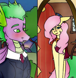 Size: 386x397 | Tagged: safe, artist:solarist97, fluttershy, spike, dragon, pegasus, pony, g4, adult, adult spike, blushing, clothes, dress, female, male, mare, necktie, older, older spike, ship:flutterspike, shipping, story included, straight, suit, winged spike, wings