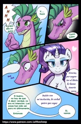Size: 1333x2048 | Tagged: safe, artist:dorpapu, rarity, spike, dragon, pony, unicorn, g4, comic, cute, female, male, ship:sparity, shipping, spanish, straight, translated in the comments