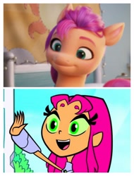 Size: 3106x4096 | Tagged: safe, sunny starscout, earth pony, pony, g5, my little pony: a new generation, spoiler:my little pony: a new generation, comparison, starfire, teen titans go