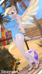 Size: 2160x3840 | Tagged: safe, artist:steamyart, derpy hooves, pegasus, anthro, plantigrade anthro, g4, 3d, beach, beach ball, blue swimsuit, clothes, feet, glasses, high res, nexgen, one-piece swimsuit, sandals, solo, source filmmaker, swimsuit