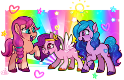 Size: 6458x4200 | Tagged: safe, artist:lilpinkghost, izzy moonbow, pipp petals, sunny starscout, earth pony, pegasus, pony, unicorn, g5, abstract background, blushing, female, heart, mare, open mouth, purple hair, rainbow, raised hoof, red eyes, red-eyed pipp