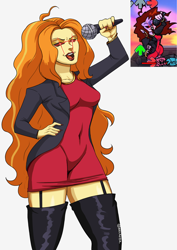 Size: 2480x3508 | Tagged: safe, artist:nire, adagio dazzle, equestria girls, g4, boots, bracelet, breasts, clothes, dress, eyeshadow, friday night funkin', garter belt, garter straps, garters, high res, jacket, jewelry, makeup, microphone, nail polish, necklace, red dress, shoes, singing, solo, thigh boots, tight clothing