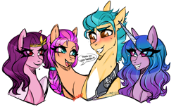 Size: 4633x2813 | Tagged: safe, artist:nekomellow, hitch trailblazer, izzy moonbow, pipp petals, sunny starscout, earth pony, pegasus, pony, unicorn, g5, biting, blushing, dialogue, eye clipping through hair, eyelashes, fanart, female, flirting, harem, heart, herd, high res, hitch trailblazer gets all the mares, izzyhitch, lip bite, looking at each other, lust, male, mare, nervous, open mouth, red eyes, red-eyed pipp, ship:hitchpipp, shipping, signature, simple background, speech bubble, stallion, straight, sunnyhitch, sweat, transparent background