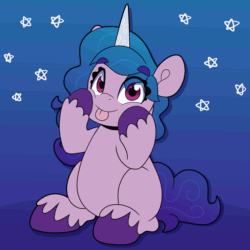 Size: 2000x2000 | Tagged: safe, artist:partylikeanartist, izzy moonbow, pony, unicorn, g5, animated, cheek squish, chubby cheeks, cute, eye clipping through hair, eyebrows, eyebrows visible through hair, female, gif, gradient background, gradient mane, high res, hooves, izzybetes, looking at you, mare, simple background, solo, squishy cheeks, stars, tongue out