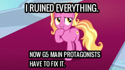 Size: 1280x720 | Tagged: safe, edit, edited screencap, screencap, luster dawn, pony, unicorn, g4, g5, the last problem, and that's how g5 was made, damn it luster, female, g5 drama, headcanon, implied sunny starscout, mare, op is a duck, text