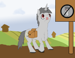 Size: 3300x2550 | Tagged: safe, artist:tofuslied-, oc, oc only, pony, unicorn, bag, chest fluff, digital art, high res, male, saddle bag, sign, solo, stallion, tongue out