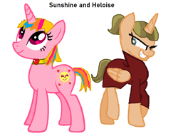 Size: 978x748 | Tagged: safe, artist:pagiepoppie12345, oc, oc:sunshine, pegasus, pony, unicorn, cloak, clothes, evil, heart, heloise, jimmy two-shoes, looking up, non-mlp oc, ponified, ponified oc, ponytail, smiling, sun