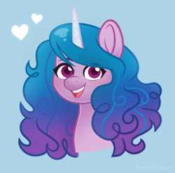 Size: 2491x2462 | Tagged: safe, artist:ninnydraws, izzy moonbow, pony, unicorn, g5, blue background, bust, cute, female, heart, high res, izzybetes, looking at you, mare, open mouth, portrait, simple background, simple shading, solo