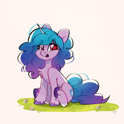 Size: 2612x2612 | Tagged: safe, artist:sugarstar, izzy moonbow, pony, unicorn, rcf community, g5, backwards cutie mark, chest fluff, cute, female, grass, high res, izzybetes, looking at you, mare, open mouth, simple background, sitting, solo, unshorn fetlocks, white background