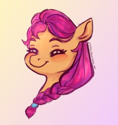Size: 1933x2048 | Tagged: safe, artist:laps-sp, sunny starscout, earth pony, pony, g5, blushing, braid, bust, eyes closed, female, gradient background, portrait, signature, smiling, solo