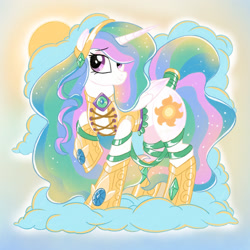 Size: 2000x2000 | Tagged: safe, artist:mediocremare, princess celestia, alicorn, pony, g4, clothes, cloud, gem, high res, solo, tail, tail wrap