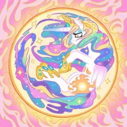 Size: 2000x2000 | Tagged: safe, artist:mediocremare, princess celestia, alicorn, pony, g4, abstract background, bedroom eyes, eyelashes, female, high res, hoof shoes, horn, jewelry, mare, solo, sun, tiara, wings