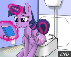 Size: 1804x1451 | Tagged: safe, artist:mrchaosthecunningwlf, artist:ponyvillechaos577, twilight sparkle, alicorn, pony, g4, bathroom, bathroom stall, bibliophile, bibliophilia, book, bookhorse, but why, butt, comic, comic strip, cropped, dock, female, fetish, folded wings, glowing horn, horn, implied pissing, magic, mare, peegasm, pissing, potty time, raised tail, reading, relief, relieved, sitting on toilet, smiling, solo, tail, telekinesis, toilet, toilet paper, twilight sparkle (alicorn), urine, watersports, wings