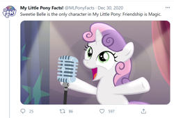 Size: 1476x1006 | Tagged: safe, screencap, sweetie belle, pony, unicorn, bloom & gloom, g4, bipedal, blatant lies, female, filly, funny, looking up, meta, microphone, my little pony facts, open mouth, raised hoof, solipsism, solo, text, twitter, what a twist