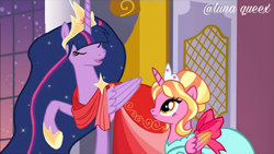 Size: 1920x1080 | Tagged: safe, artist:luna.queex, edit, edited screencap, screencap, luster dawn, twilight sparkle, alicorn, pony, g4, make new friends but keep discord, the last problem, alicornified, clothes, colored wings, colored wingtips, crown, dress, duo, ethereal mane, eyelashes, eyes closed, female, hoof shoes, horn, indoors, jewelry, lustercorn, mare, older, older twilight, older twilight sparkle (alicorn), open mouth, princess twilight 2.0, race swap, raised hoof, regalia, starry mane, twilight sparkle (alicorn), wings