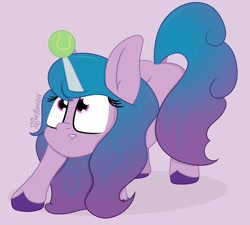 Size: 3000x2696 | Tagged: safe, artist:puperhamster, izzy moonbow, pony, unicorn, g5, ball, dock, face down ass up, female, high res, horn, horn guard, horn impalement, hornball, izzy's tennis ball, mare, simple background, solo, tennis ball