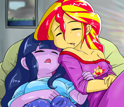 Size: 1480x1280 | Tagged: safe, artist:batipin, sci-twi, sunset shimmer, twilight sparkle, equestria girls, g4, breasts, cleavage, drool, duo, eyes closed, female, lesbian, ship:sci-twishimmer, ship:sunsetsparkle, shipping, sleeping