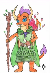 Size: 1164x1683 | Tagged: safe, artist:assertiveshypony, smolder, dragon, phoenix, g4, belt, clothes, dragoness, drawing, druid, female, scroll, simple background, smiling, solo, staff, traditional art, white background