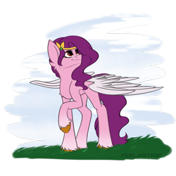 Size: 5000x5000 | Tagged: safe, artist:teelastrie, pipp petals, pegasus, pony, g5, adorapipp, cute, female, jewelry, partially open wings, raised hoof, red eyes, red-eyed pipp, simple background, smiling, solo, tiara, unshorn fetlocks, wings