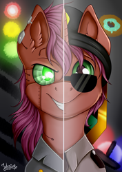Size: 2894x4093 | Tagged: safe, artist:julunis14, oc, oc only, pony, robot, robot pony, clothes, commission, green eyes, looking at you, police officer, police uniform, signature, smiling, solo, split screen, uniform