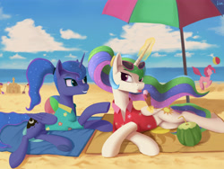 Size: 4724x3543 | Tagged: safe, artist:lin feng, derpibooru exclusive, apple bloom, pinkie pie, princess celestia, princess luna, scootaloo, sweetie belle, alicorn, earth pony, pegasus, pony, unicorn, between dark and dawn, g4, season 9, absurd resolution, beach, beach umbrella, concave belly, crossed hooves, cutie mark crusaders, duo focus, flowing mane, flowing tail, food, ice cream, ocean, ponytail, sandcastle, sports, sunglasses, tail, volleyball, water