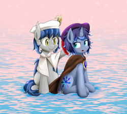 Size: 3000x2700 | Tagged: safe, artist:ce2438, oc, oc only, oc:moonlight toccata, bat pony, pony, unicorn, beret, cape, clothes, duo, female, hat, high res