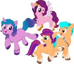 Size: 5129x4461 | Tagged: safe, artist:alexdti, hitch trailblazer, izzy moonbow, pipp petals, sunny starscout, earth pony, pegasus, pony, unicorn, g5, absurd resolution, adorapipp, blaze (coat marking), cloven hooves, coat markings, cute, facial markings, female, looking at each other, looking back, male, mare, open mouth, red eyes, red-eyed pipp, simple background, socks (coat markings), stallion, transparent background, unshorn fetlocks, wrong eye color